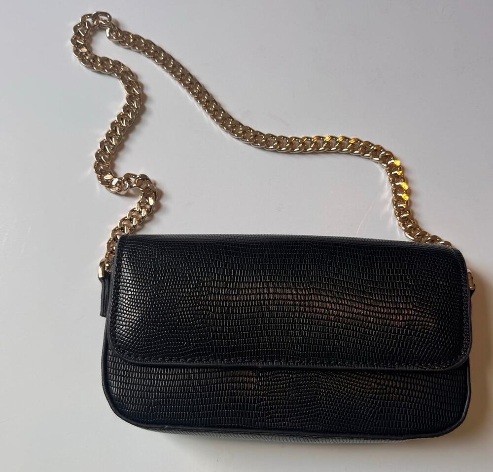 MNG Faux Leather Shoulder Black Black Gold Chain Strap 8x4x1.5"